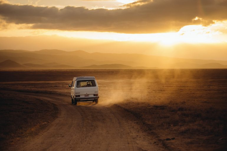 Volkswagen on the dusty road